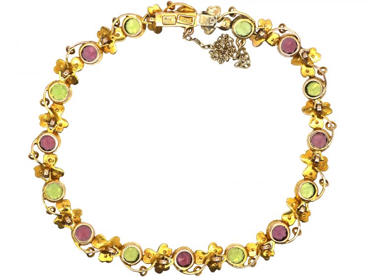 Edwardian 9ct Gold Suffragette Bracelet set with Peridots, Natural Split Pearls & Almandine Garnets