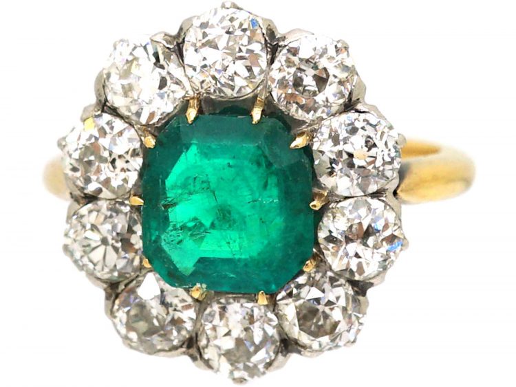 Art Deco 18ct Gold, Colombian Emerald & Diamond Cluster Ring