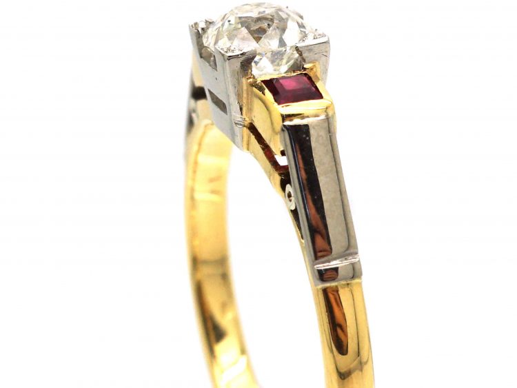Art Deco 18ct Gold & Platinum, Diamond Solitaire Ring with a Square Cut Ruby on Either Side