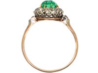 Edwardian 14ct Gold & Platinum, Emerald & Diamond Cluster Ring with Diamond Set Shoulders