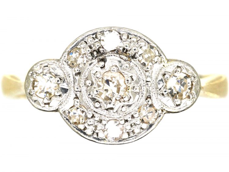 Art Deco 18ct Gold & Platinum, Diamond Cluster Ring with a Diamond on Either Side