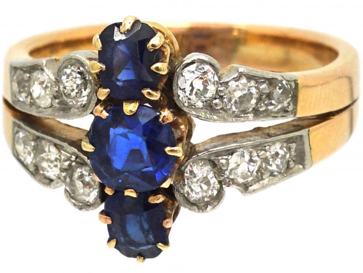 French Belle Epoch 18ct Gold& Platinum, Three Stone Sapphire & Diamond Ring