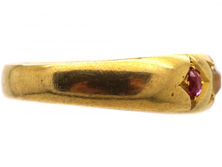 Victorian 18ct Gold Ruby & Diamond Three Stone Gypsy Ring