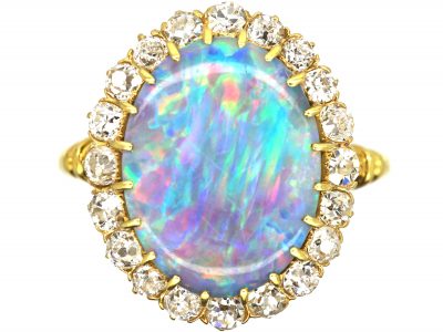 Edwardian 18ct Gold, Precious Black Opal & Diamond Cluster Ring