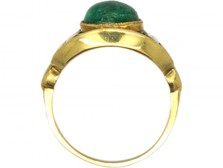 Art Deco 18ct Gold Egyptian Revival Ring set with a Cabochon Emerald & Rose Cut Diamonds