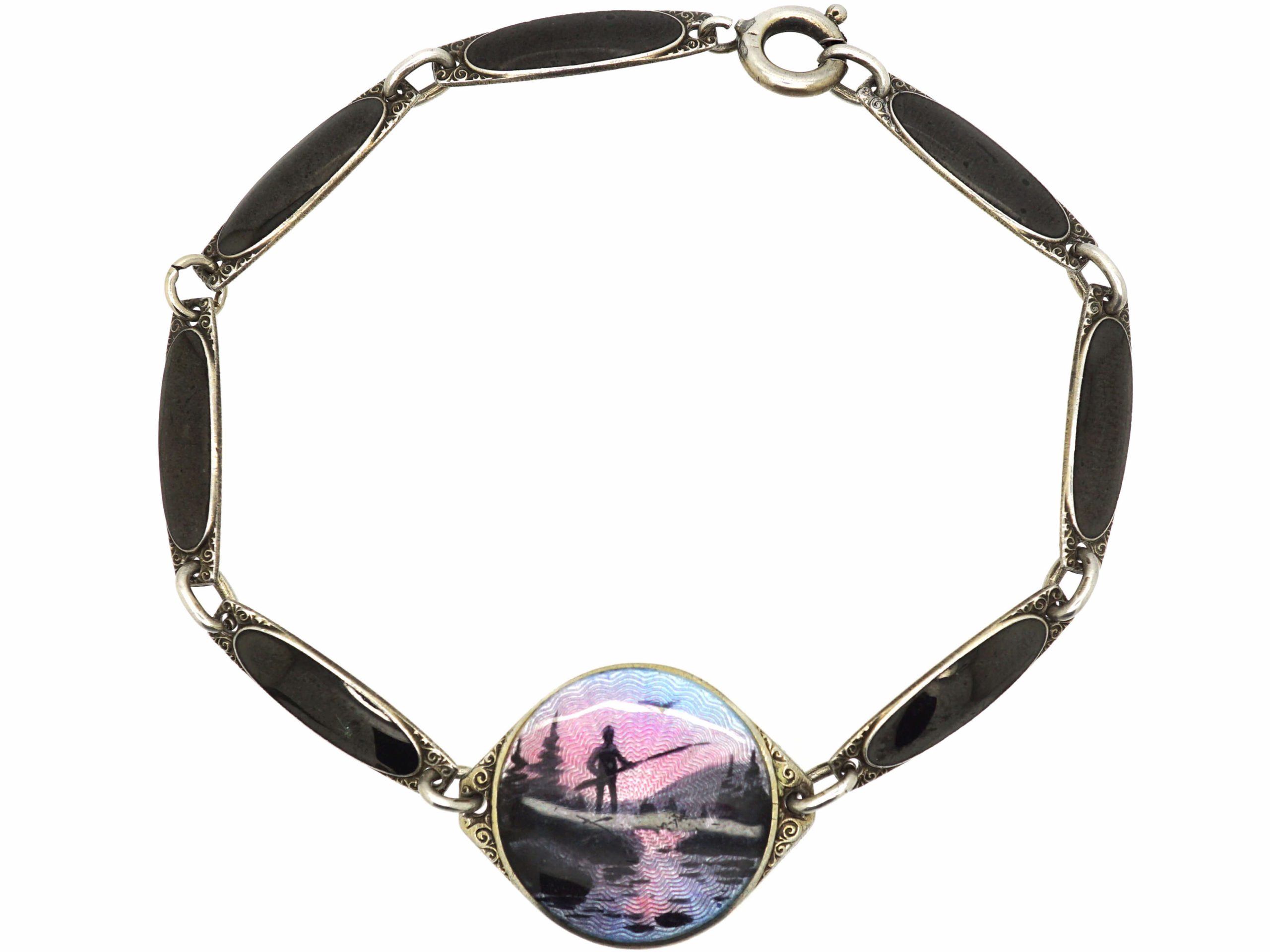 Norwegian Silver & Enamel Bracelet with Fisherman in Northern Landscape