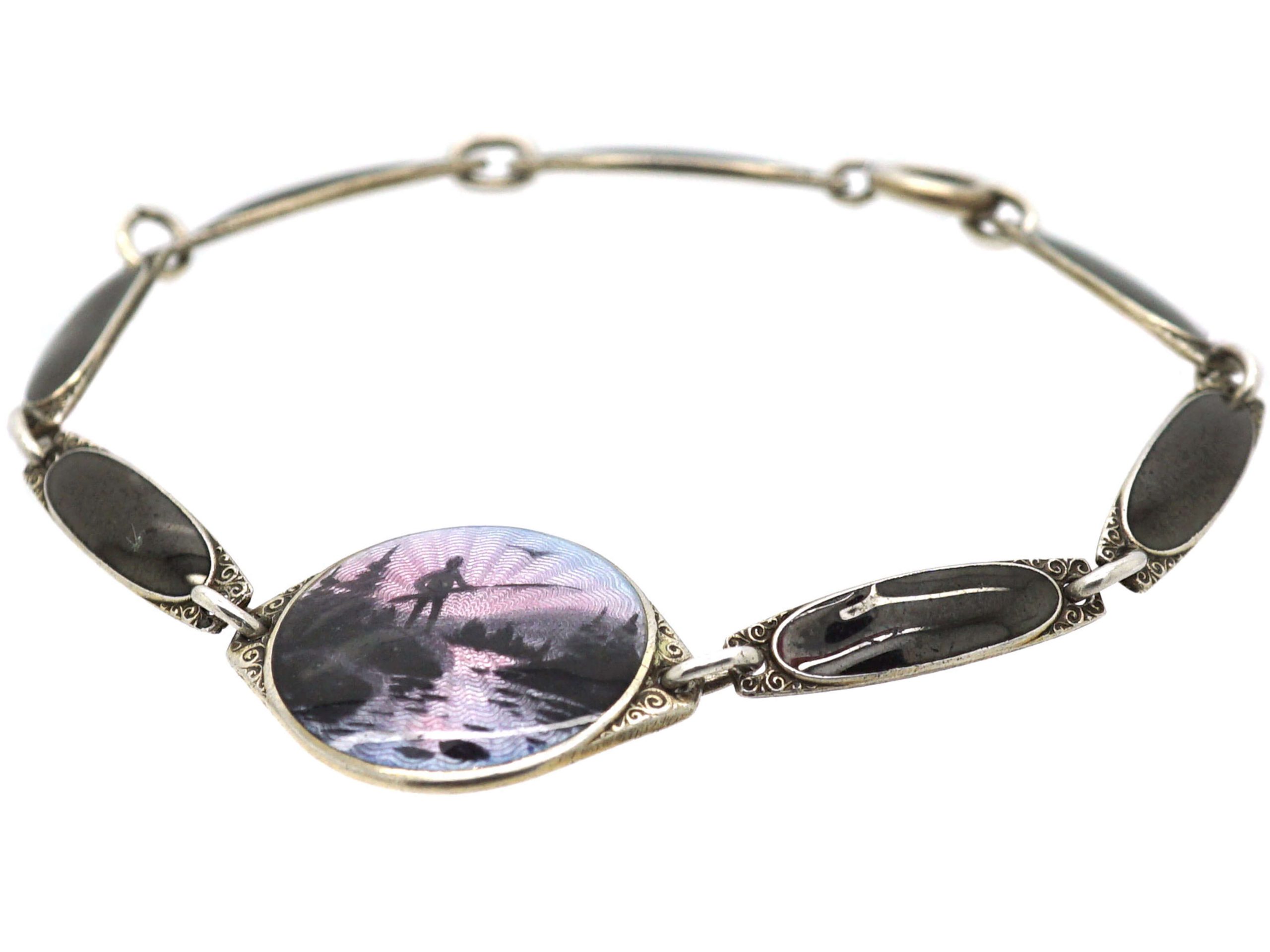 Norwegian Silver & Enamel Bracelet with Fisherman in Northern Landscape