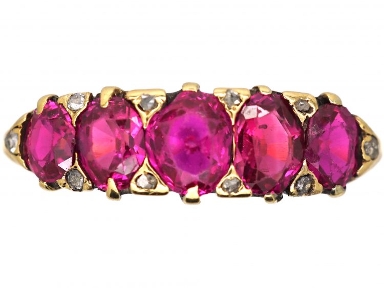 Victorian 18ct Gold, Five Stone Ruby Ring with Diamond Points