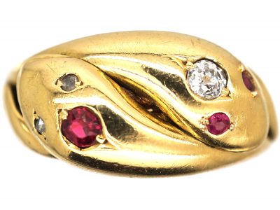 Victorian 18ct Gold Double Snake Ring set with Rubies & Diamonds