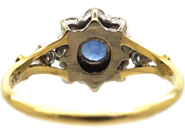18ct Gold Sapphire & Diamond Cluster Ring with a Diamond on Each Shoulder by Cropp & Farr
