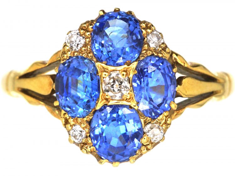 Edwardian 18ct Gold, Four Stone Sapphire & Diamond Cluster Ring