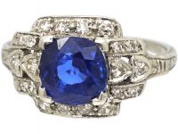 Art Deco Platinum, Ceylon Sapphire & Diamond Ring with Heart Detail