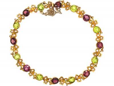 Edwardian 9ct Gold Suffragette Bracelet set with Peridots, Natural Split Pearls & Almandine Garnets
