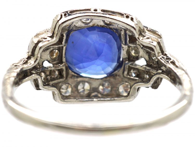 Art Deco Platinum, Ceylon Sapphire & Diamond Ring with Heart Detail