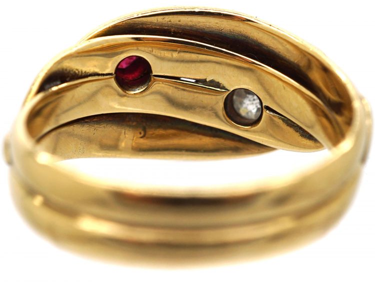 Victorian 18ct Gold Double Snake Ring set with Rubies & Diamonds