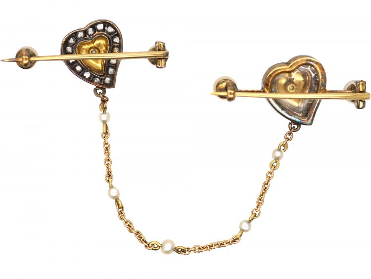 Edwardian Suffragette Pair of 15ct Gold, Rose Diamond, Enamel & Bouton Pearl Heart Shaped Brooches in Original Case