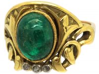 Art Deco 18ct Gold Egyptian Revival Ring set with a Cabochon Emerald & Rose Cut Diamonds