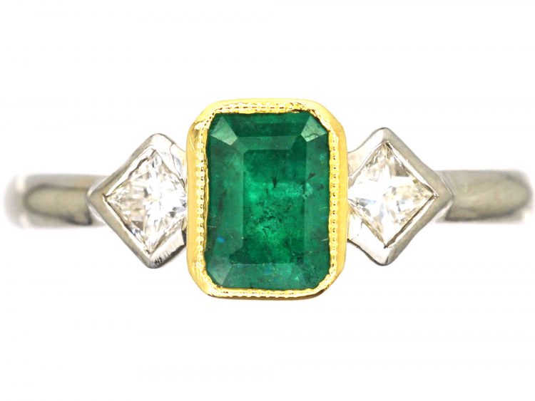 18ct White Gold, Rectangular Emerald & Diamond Three Stone Ring