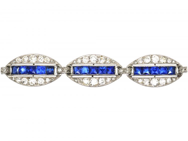 French Art Deco 18ct White Gold & Platinum, Diamond & Burma Sapphire Elliptical Design Bracelet by Edouard Caen