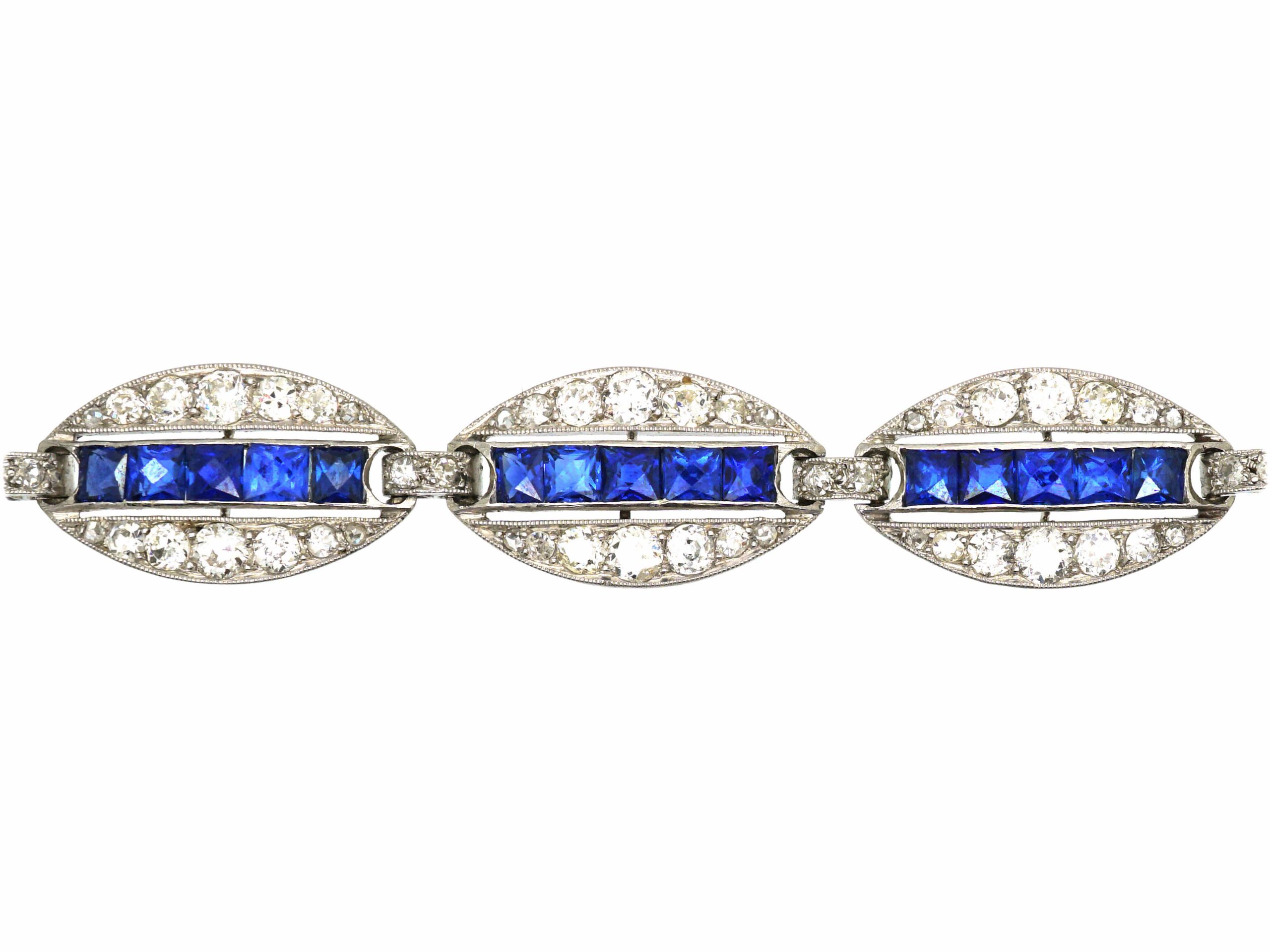 French Art Deco 18ct White Gold & Platinum, Diamond & Unheated Sapphire Elliptical Design Bracelet by Edouard Caen