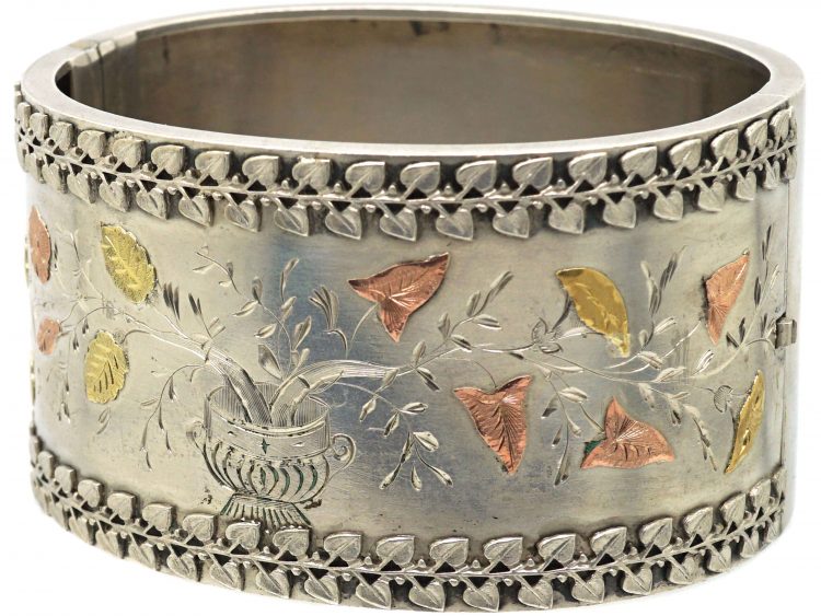 Victorian Silver & Gold Overlay Bangle with a Vase of Flowers Motif