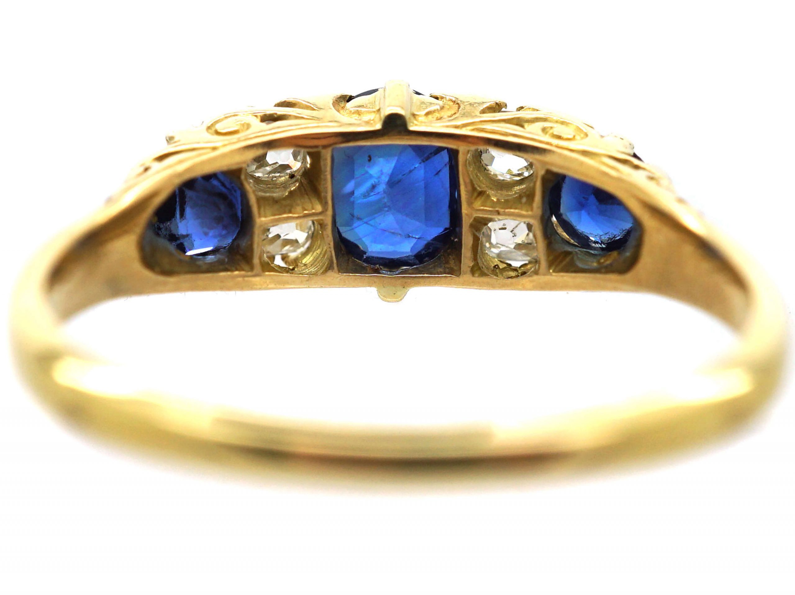 Edwardian 18ct Gold, Three Stone Sapphire & Diamond Carved Half Hoop ...