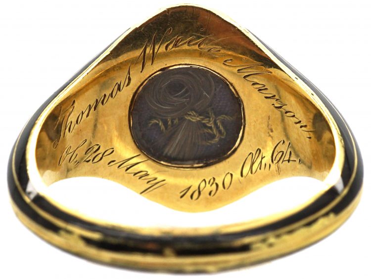 Georgian 18ct Gold, Carved Onyx Forget me Not Black Enamel Mourning Ring
