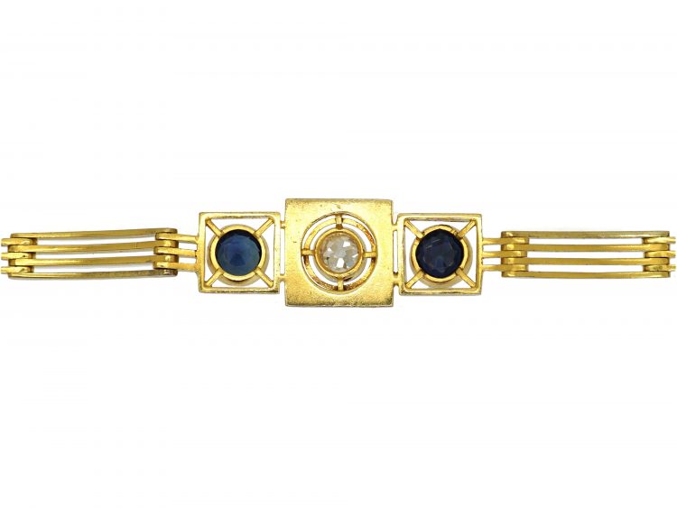 Art Deco Russian 14ct Gold Bracelet set with Two Sapphires & a Diamond