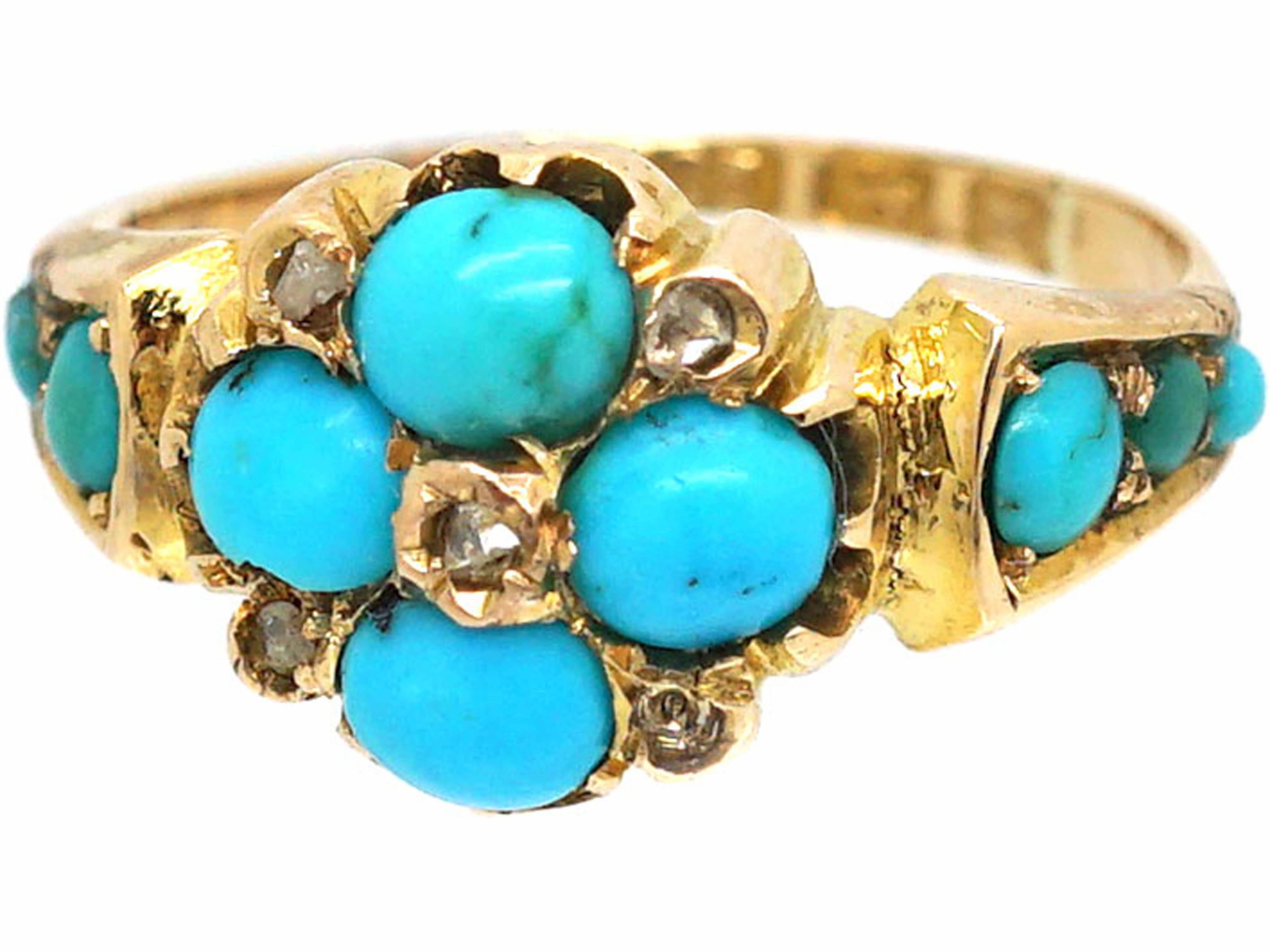 Victorian 15ct Gold Forget Me Not Ring set with Turquoise & Rose