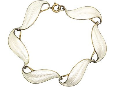 1950s Silver & White Enamel Leaf Bracelet by Finn Jensen