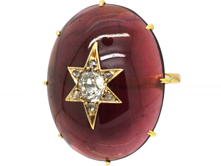 Victorian Large 18ct Gold & Cabochon Garnet & Diamond Ring