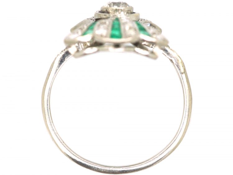 Art Deco Platinum Fan Ring set with Calibrè Cut Emeralds & Diamonds