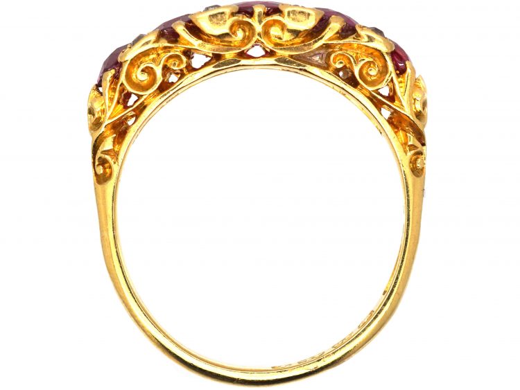 Victorian 18ct Gold, Five Stone Ruby & Diamond Carved Half Hoop Ring