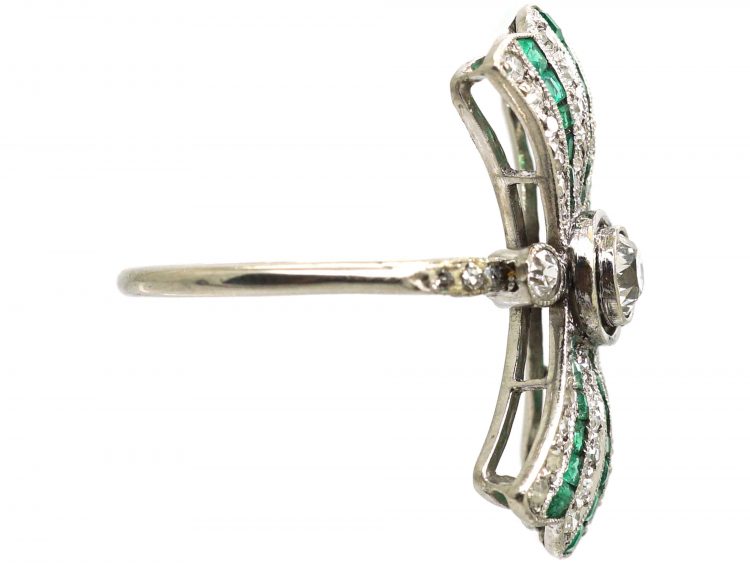 Art Deco Platinum Fan Ring set with Calibrè Cut Emeralds & Diamonds