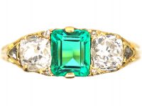 Victorian 18ct Gold, Emerald & Diamond Three Stone Carved Half Hoop Ring