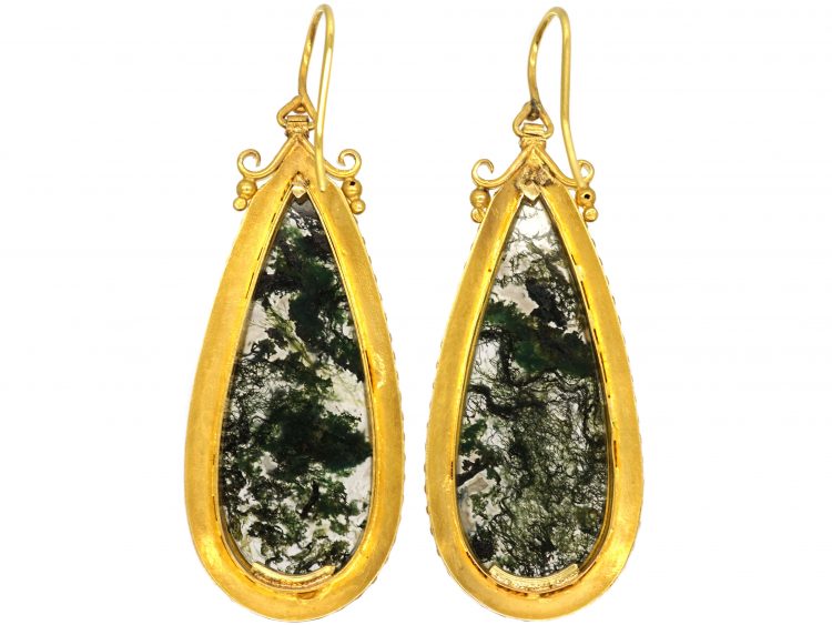 Victorian 18ct Gold & Moss Agate Drop Earrings