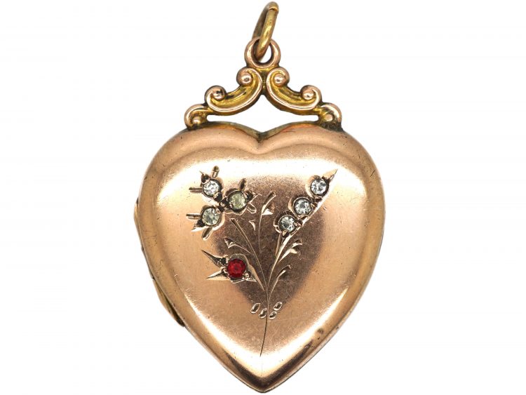 Edwardian 9ct Back & Front Heart Shaped Locket with Flower Motif set with Paste