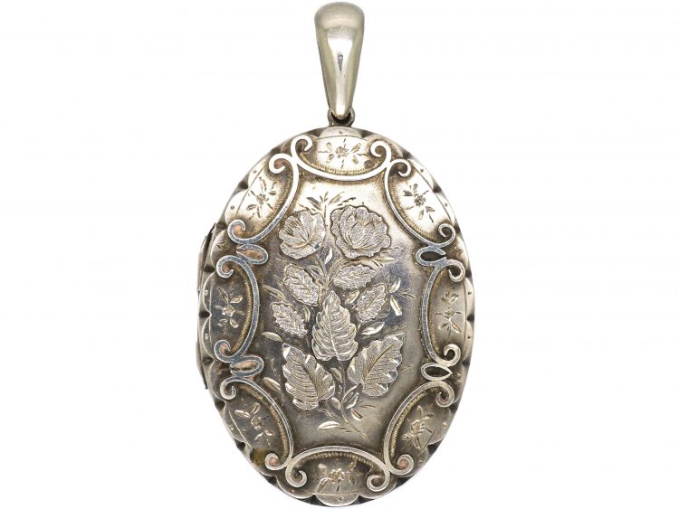 Victorian Silver Oval Locket with Roses Motif
