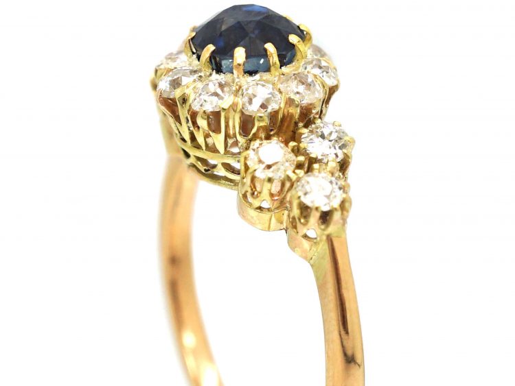 Early 20th Century 18ct Gold, Sapphire & Diamond Cluster Ring with Three Stone Diamond Shoulders