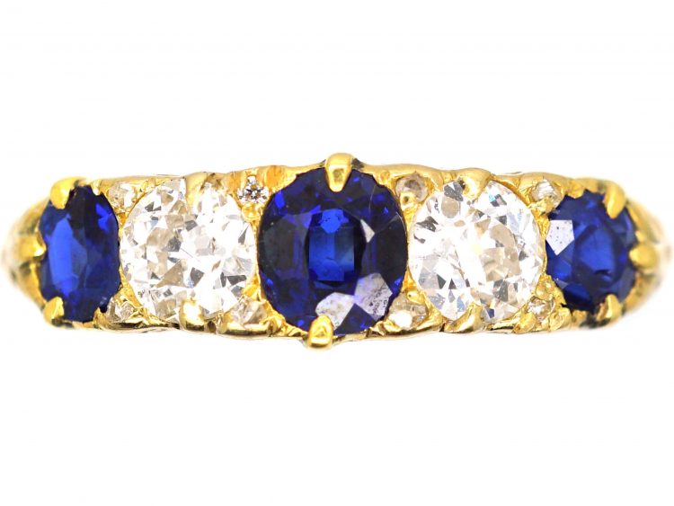 Victorian 18ct Gold, Five Stone Sapphire & Diamond Carved Half Hoop Ring