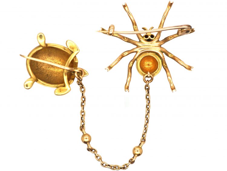 Edwardian 15ct Gold, Enamelled Spider & Turtle Brooch set with Natural Split Pearls