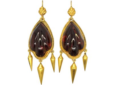 Mid Victorian 15ct Gold & Cabochon Garnet Drop Earrings