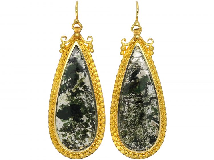 Victorian 18ct Gold & Moss Agate Drop Earrings
