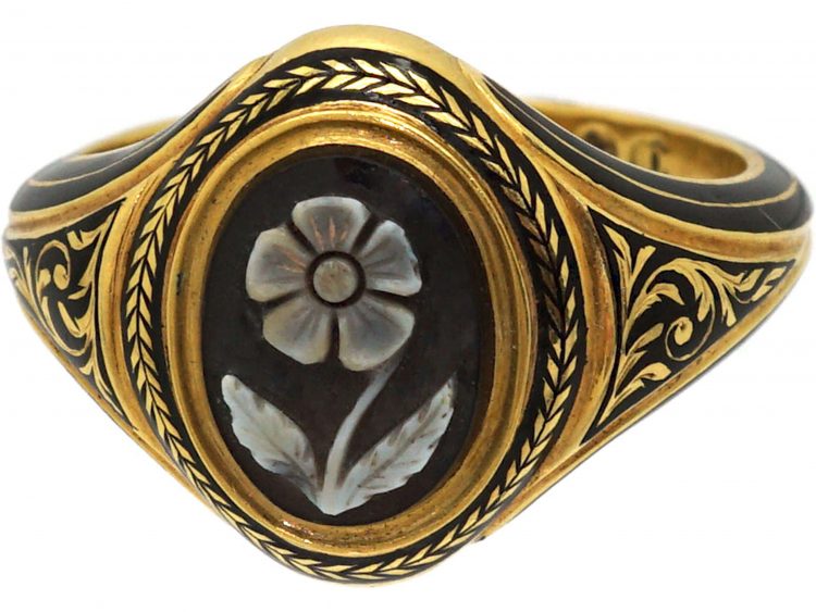Georgian 18ct Gold, Carved Onyx Forget me Not Black Enamel Mourning Ring