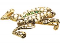 Edwardian 9ct Gold, Green Garnet, Natural Split Pearl & Diamond Frog Brooch with Cabochon Ruby Eyes