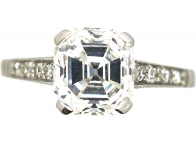 Art Deco Platinum, Asscher Cut Diamond Ring with Diamond Set Shoulders