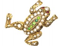 Edwardian 9ct Gold, Green Garnet, Natural Split Pearl & Diamond Frog Brooch with Cabochon Ruby Eyes