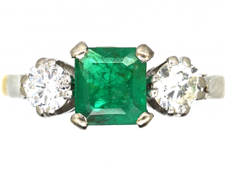 Art Deco 18ct Gold, Emerald & Diamond Three Stone Ring