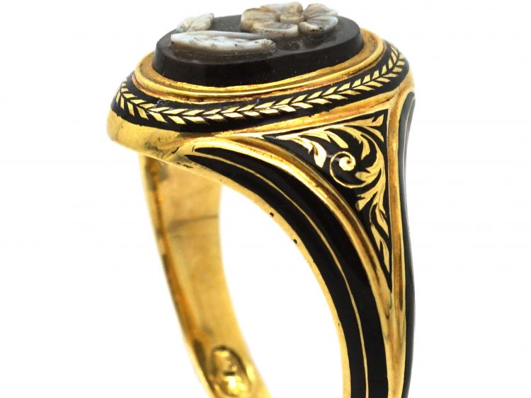 Color Blossom Signet Ring, Yellow Gold, White Gold, Onyx And