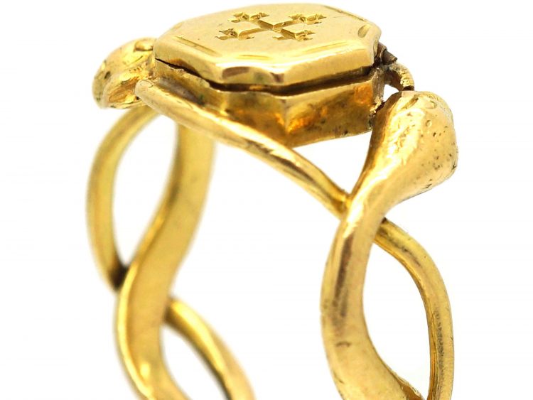 Early Victorian 18ct Gold Opening Ring with Engraved Cross Motif & Two Entwined Snakes